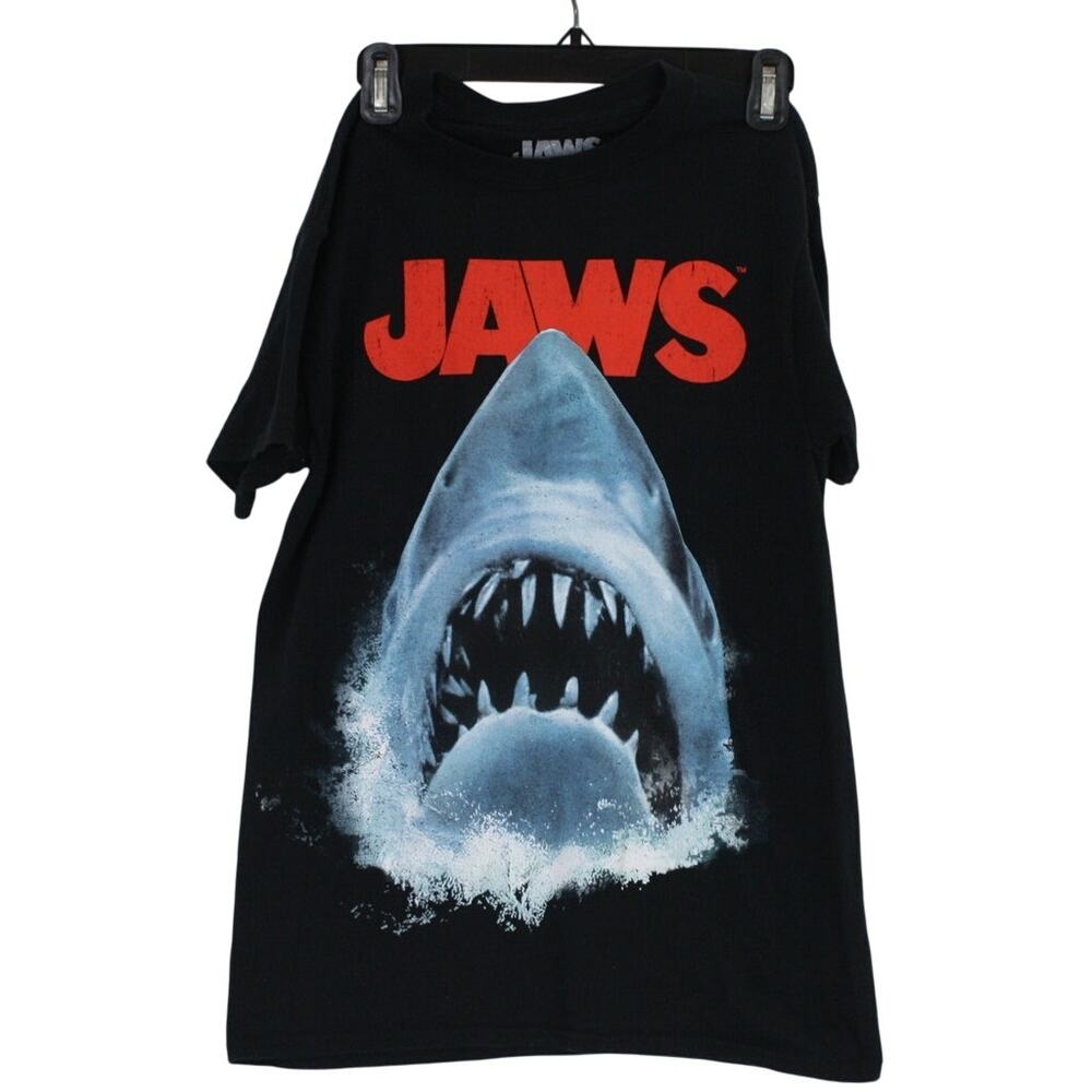 NWOT Jaws Classic 50th Anniversary Logo Black Shark Bite T-Shirt Mens Small